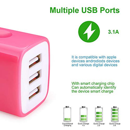 Wall Charger Adapter,USB Cubes,3Pack Universal Travel 3.1A 3 Muti Port - color: 3Pack-Rose Red
