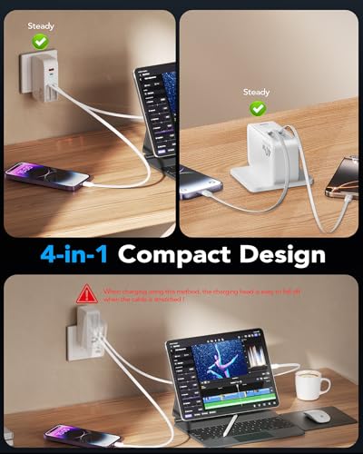 4-in-1 Retractable USB C Wall Charger,40W Fast Charging for Multi-Device - color: White