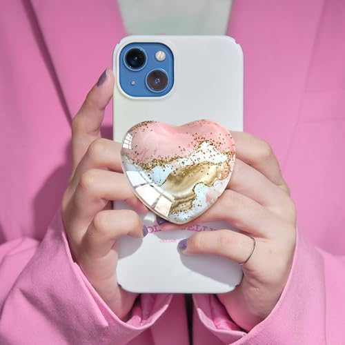 Expandiing Moblile Cell Phone Grip Heart Shape Glass Holder for Smartphones, Cellphone Collapsible Stand（Pink Gold Marble