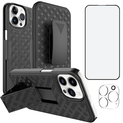 for iPhone 16 Pro Clip Case, Stand Holster, Screen Protector-Black | Camera Lens Protector, Swivel Kickstand Belt Holder, Slim Shell Pouch Full Body Protective,Rugged Shockproof Cell Phone Cover - size: iPhone 16 Pro