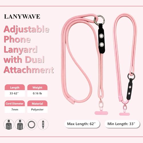 Adjustable Crossbody Phone Lanyard with Hanging Loops - color: Pink