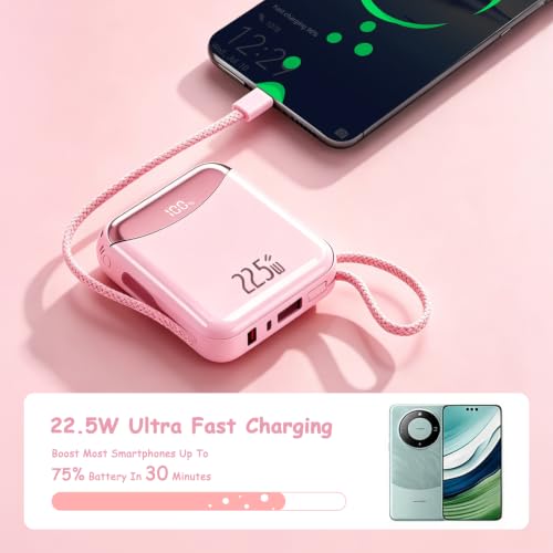 10000mAh Portable Charger with Built-in USB-C & Light-ning Cables, 22.5W Fast Charging Power Bank, Travel Battery Pack with LED Display for iPhone Samsung Android – Flight Approved - color: Pink