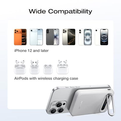 EF ECOFLOW Rapid Mag Power Bank, Qi2 Certified 15W Ultra-Fast MagSafe-Compatible Portable Charger, 10,000mAh Magnetic Power Charger with Foldable Stand, for iPhone 17/16/15. - color: White