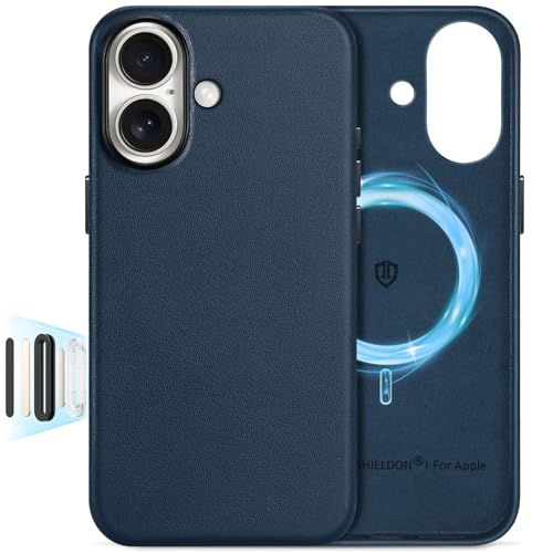 SHIELDON Genuine Leather Case for iPhone 17 6.3" 2025, Navy Blue | for MagSafe, Magnetic Wireless Charging, Camera Button, Metal Buttons, Camera Bezel, Non-Slip, Shockproof, Anti-Scratch, Slim - color: Navy Blue, size: for iPhone 17