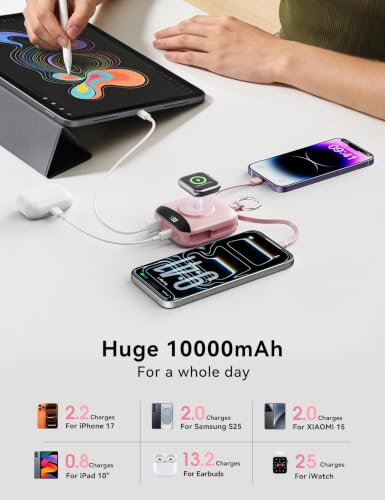Portable Charger 10000mAh 22.5W Power Bank Built-in 2 Cables Keychain | Charge 5 Devices, TSA approved, Travel Fast Charging Battery Pack for iPhone Samsung Google Android & iWatch Charger, Pink - color: Pink