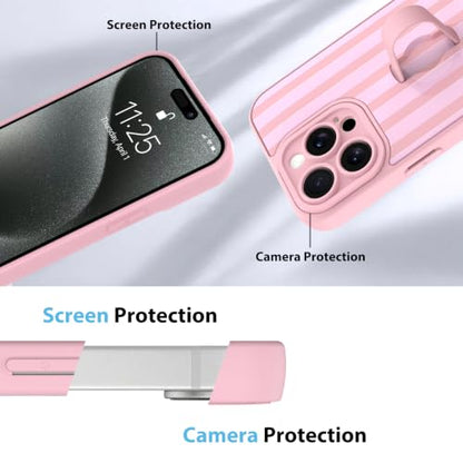 KANGHAR Compatible with iPhone 15 Pro Case Stripes Pattern -Pink | Silicone Cute, Wristband Kickstand Camera Protection Soft Slim Cover for Girls Women - color: Pink-Stripes, size: iPhone 15 Pro
