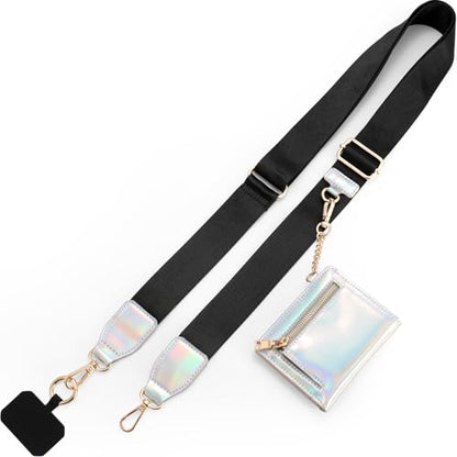 Diaclara Clip and Go Phone Strap with Zipper Pouch- Stylish Crossbody Adjustable Chain Lanyard with Leather Wallet for All Phones, Black and Silver - color: Black and Silver