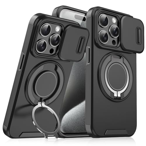 Rugged Shockproof Case for iPhone 17 Pro Max, Heavy Duty Protective Phone Case with Slide Camera Cover, 360° Rotatable Ring Stand & Magnetic Car Mount Compatible (Black,iPhone 17 Pro Max) - color: Black