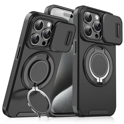 Rugged Shockproof Case for iPhone 17 Pro Max, Heavy Duty Protective Phone Case with Slide Camera Cover, 360° Rotatable Ring Stand & Magnetic Car Mount Compatible (Black,iPhone 17 Pro Max) - color: Black