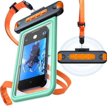 IP68 Bluetooth Shutter Waterproof Phone Pouch Case,Floating,Green | Hands-Free Photo & Video Underwater Control.Large Waterproof Phone Case Universal Fit for 8.5" Phone(iPhone Samsung Google) - color: Green