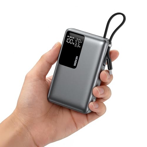MOKiN 65W Portable Charger, 20000mAh Fast Charging Power Bank with Built-in USB-C Cable, Smart Display Battery Pack, Pocket Charger for iPhone 17-12, Samsung, iPad, Laptop, MacBook & More - color: Grey-2