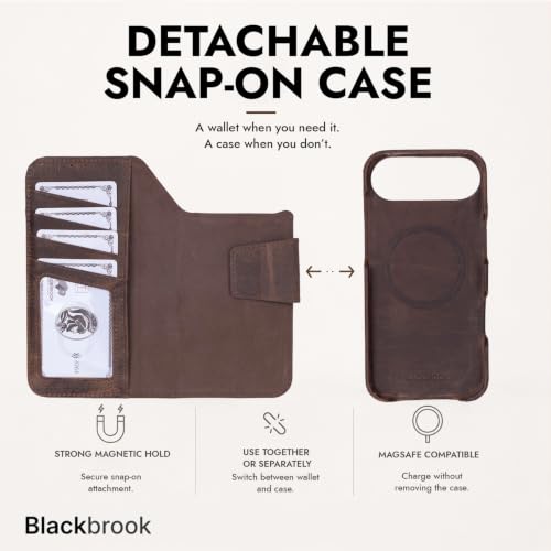 BLACKBROOK Detachable Leather Wallet Case Compatible with iPhone Air | Full-grain detachable folio with RFID blocking, 3 card slots, ID window, built-in kickstand, wireless charging, handcrafted. - color: Distressed Coffee, size: iPhone 17 Air