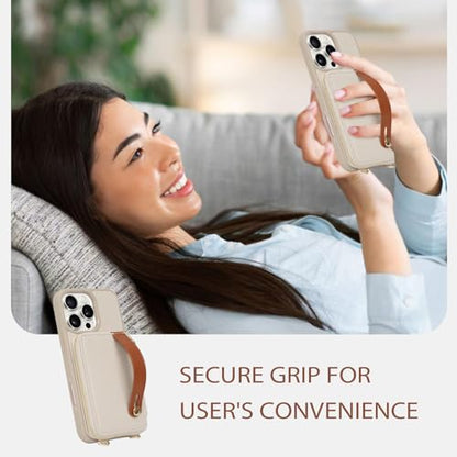 LAMEEKU Compatible with iPhone 16 Pro Case Wallet with Card Holder, Zipper Leather Crossbody Case with Phone Grip Holder Stand Wrist Strap for Women 6.3 inch Beige - color: Beige, size: iPhone 16 Pro 6.3''