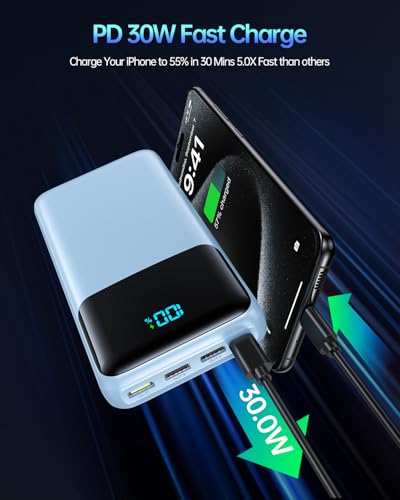 Portable Charger Power Bank 50000mAh, PD 30W and QC 4.0 Fast Charging - color: Blue