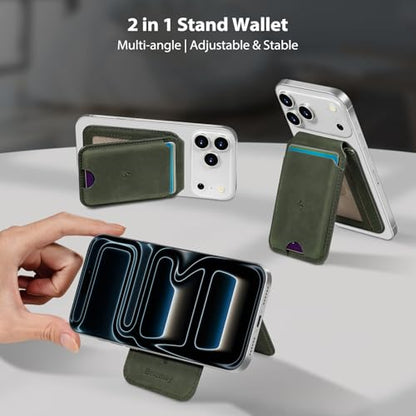 Belemay Crazy Horse Leather Magnetic Wallet for MagSafe Adjustable Stand - color: Pine Green