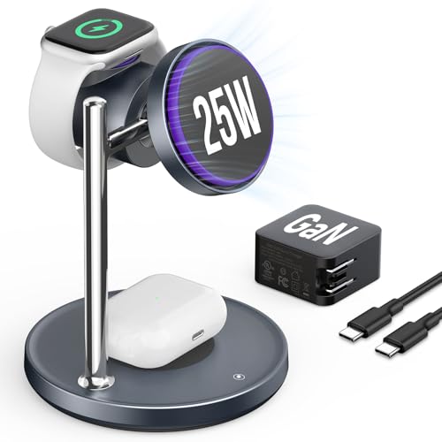 SODI Qi2 25W Wireless Charger, 3 in 1 Charging Station with Cooling Fan, Magnetic Qi2.2 Wireless Charger Stand for iPhone 17/16/S26 Ultra/Pixel 10, Apple Watch, AirPods (45W GaN Adapter Included)