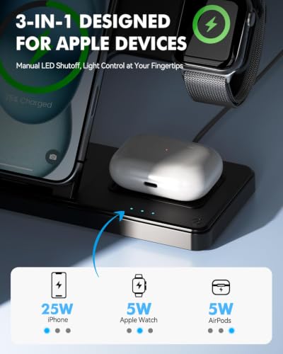 25W Charging Station, 3-in-1 Magnetic Wireless Charger for Apple - color: Black（Foldable）
