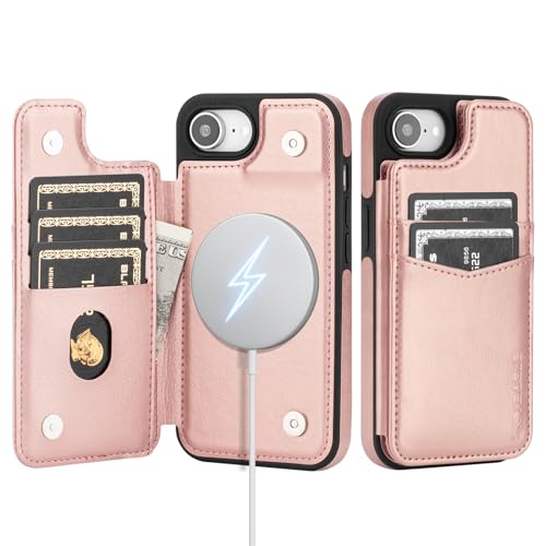 SkyEagle Compatible with MagSafe iPhone 17e / 16e Case Wallet,Rose Gold | Magnetic Clasp,RFID Blocking,PU Leather,Flip Folio Shockproof Phone Cover,with Credit Card Slots & Kickstand for Men & Women - color: Rose Gold
