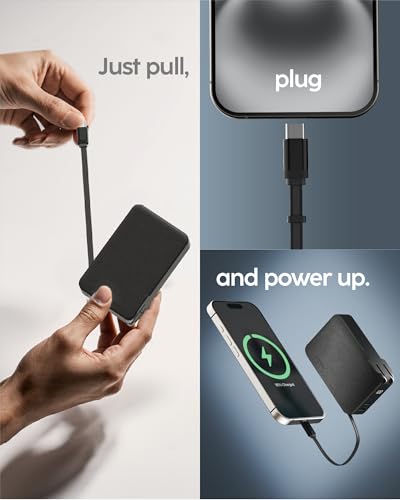 myCharge RetractaCharger 5000mAh Portable Charger Power Bank with 28-Inch Retractable USB-C Cable | Premium Fabric | Built-in Wall Plug | Digital Display