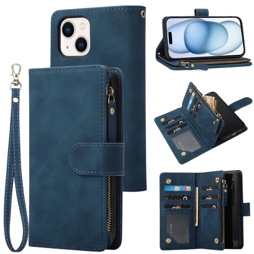 RANYOK Wallet Case for iPhone 15 (6.1 inch) with RFID Blocking Credit Card Holder, Premium PU Leather [Zipper Pocket] Flip Folio Case Wallet with Wrist Strap Kickstand Protective Case (Blue) - color: Blue