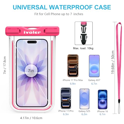 ivoler 2-Pack Waterproof Phone Pouch, Cell Phone Dry Bag for iPhone 17/16/15 Pro Max, Samsung S26/S25 Ultra, Waterproof Phone Case for Beach, Cruise Essentials & Travel, [Fit Up to 7''] - color: Neon Green & Neon Rose Red