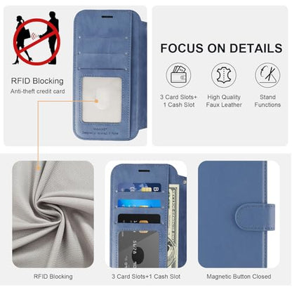 VANAVAGY Wallet Case for iPhone 11 6.1 inch, Blue | 12ft Drop-proof Cover for Women Men, Silm PU Leather, RFID Blocking Card Holder, Wrist Strap, Screen Protector - color: Blue
