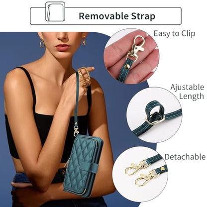 Argyle Wallet Case for Samsung Galaxy A15 5G/4G with Wrist Strap Shoulder Strap, 9+ Card Slots Zipper Purse Luxury PU Leather Stand Checkered Phone Cover for A 15 G5 15A Women Girls Green | Girls, Wrist/Shoulder Strap, 9+ Card Slots, Purse, Luxury PU Leat