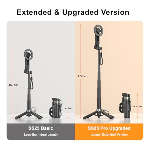 Upgrated 5-in-1 Magnetic Selfie Stick with Remote for Cell Phone 360° Rotation.Can Transforms into Mini Tripod/Camera Grip/Handheld Stabilizer/Phone Stand.Extend to 25 inches - color: Black