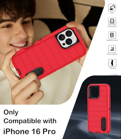 for iPhone 16 Pro Case with Screen Protector,Built-in Invisible Kickstand,Heavy Duty Shockproof Drop Protection Military Grade Tri-Layer Rugged Durable Cell Phone Cover for Apple 16 Pro 6.3"(Red) - color: Red