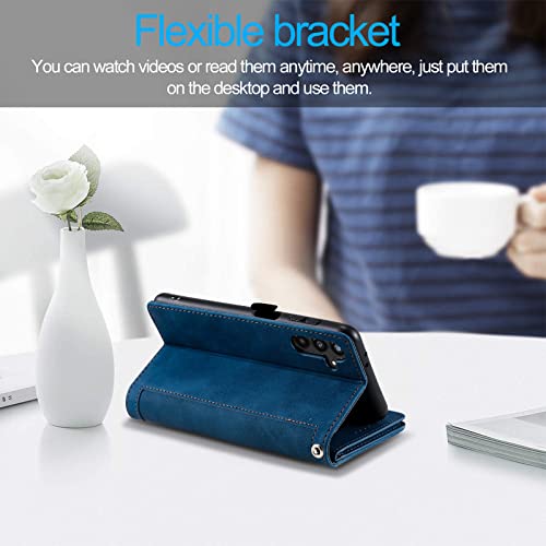 EYZUTAK Wallet Phone Case for Samsung Galaxy A15 4G/5G, Retro Matte 9 Card Holder Slots Zipper Pocket Handbag Case PU Leather Magnetic Closure Kickstand with Wrist Strap Flip Folio Purse Case - Blue - color: Blue, size: Samsung Galaxy A15 4G/5G