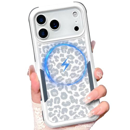 Magnetic Cute Case for iPhone 17 Pro, White Leopard Cheetah | Compatible with Magsafe, Heavy Duty Tough Rugged Full body Protection Shockproof Protective Phone Case for Women Girls - color: Magnetic-iPhone 17 Pro