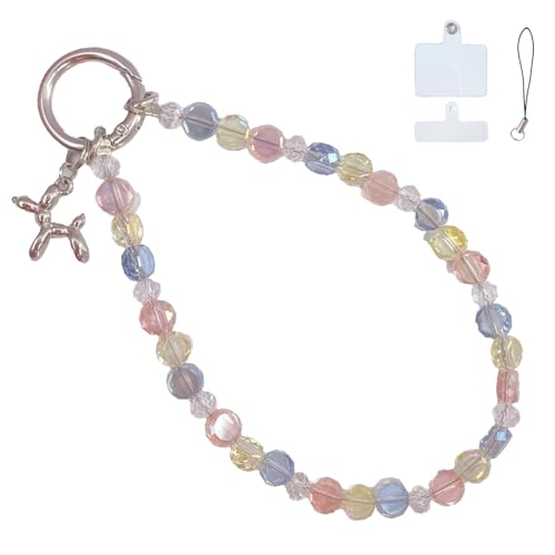 Sparkle Crystal Pearl Phone Wrist Strap for Women, Sparkling Beaded Cellphone Lanyard Chain - color: Pink+blue