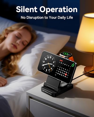 3-in-1 Foldable & Retractable Magnetic Wireless Charger, 15W Fast Charging Station, Portable Fast Charging Stand, Charging for iPhone 17/16/15/14/13/12, Apple Watch, AirPods (Black) - color: Black