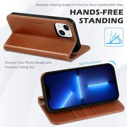 SHIELDON Genuine Leather Wallet Case for iPhone 13 6.1" 2021, Retro Brown | Magnetic Closure, RFID Blocking, Credit Card Holder, Kickstand, Folio Design, Shockproof Phone Cover - color: Brown - Retro