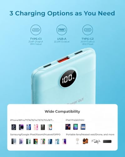 VEEKTOMX 10000mAh Mini Power Bank, 22.5W Fast Charger for iPhone Android - color: Blue