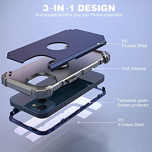 IDweel for iPhone 15 Case with Screen Protector,Luxury 3 in 1 Shockproof Slim Fit Hybrid Heavy Duty Protection Glitter Hard PC Cover Soft Silicone Bumper Full Body Case,Dark Blue/Grey - color: Dark Blue/Grey