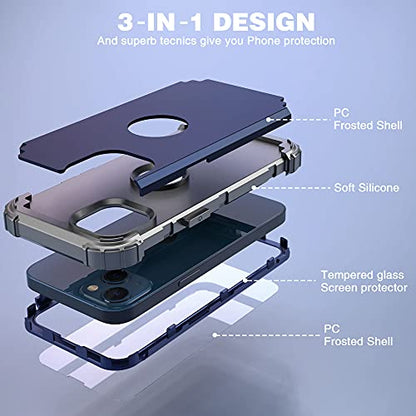 IDweel for iPhone 15 Case with Screen Protector,Luxury 3 in 1 Shockproof Slim Fit Hybrid Heavy Duty Protection Glitter Hard PC Cover Soft Silicone Bumper Full Body Case,Dark Blue/Grey - color: Dark Blue/Grey