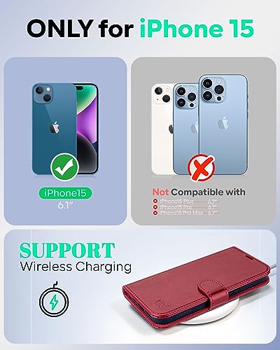 OCASE Compatible with iPhone 15 Wallet Case, PU Leather Flip Folio Case with Card Holders RFID Blocking Kickstand [Shockproof TPU Inner Shell] Phone Cover 6.1 Inch 2023, Red - color: Red