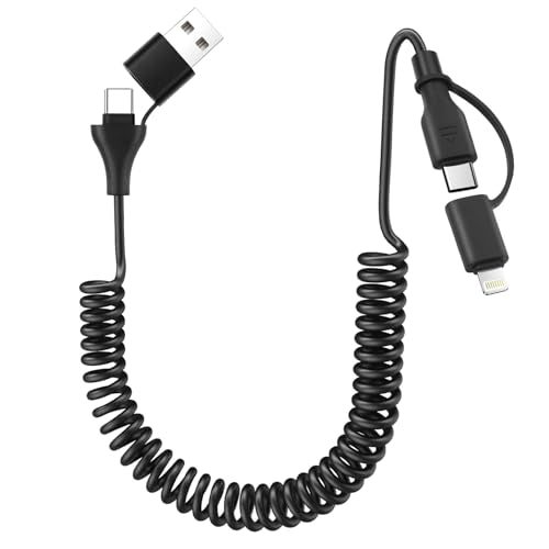 aceyoon Retractable Lightning Cable 4 in 1 Coiled Multi Charging Cable 3FT, 60W USB to Lightning Fast Charging & Data Sync USB C Cord for Apple Carplay & Android Auto for iPhone 16 15 14 13 Pro Max