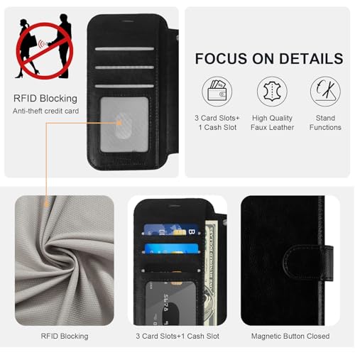 VANAVAGY Wallet Case for iPhone 11 6.1 inch, Black | 12ft Drop-proof Cover for Women Men, Silm PU Leather, RFID Blocking Card Holder, Wrist Strap, Screen Protector - color: Black