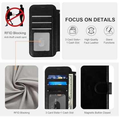 VANAVAGY Wallet Case for iPhone 11 6.1 inch, Black | 12ft Drop-proof Cover for Women Men, Silm PU Leather, RFID Blocking Card Holder, Wrist Strap, Screen Protector - color: Black
