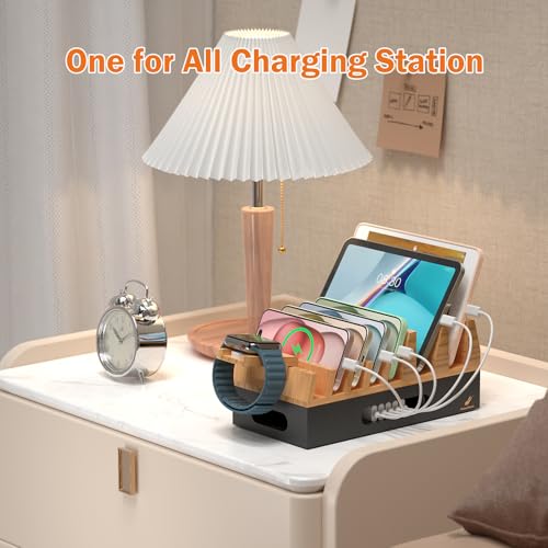 Pezin & Hulin Bamboo Charging Station with 5 Cables-Natural+Black - color: Natural + Black