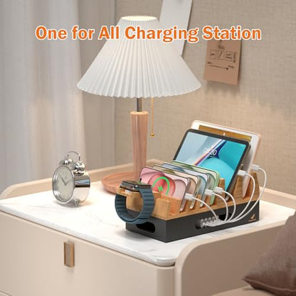 Pezin & Hulin Bamboo Charging Station with 5 Cables-Natural+Black - color: Natural + Black