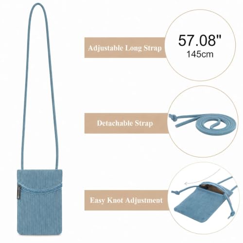 Small Crossbody Women Cell Phone Purse Wallet Bag With Shoulder Strap - color: Dusty Blue/Corduroy