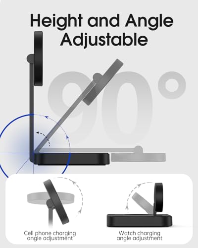 Magnetic Charging Station for Apple Watch 11/10/9/8,Foldable Wireless Charger for iPhone 17 16 15 14 13 Pro Max,3 in 1 Adjustable Angle Phone Holder Travel Dock,Mag-Safe Charger Stand for AirPods Pro - color: Black