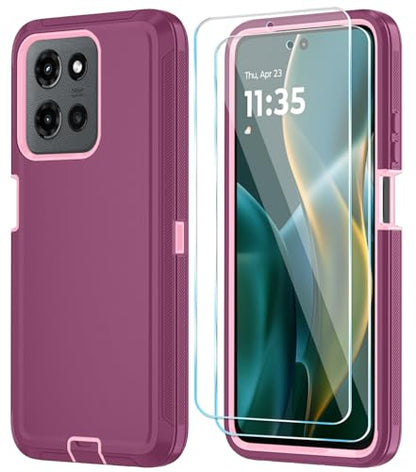 Qinmay Phone Case for Motorola Moto G 2025/Moto G Play 5G 2025 Case with HD Screen Protector, Heavy Duty Shockproof & Dropproof 3-Layer Cover Phone Case,WineRedPink - color: WineRedPink