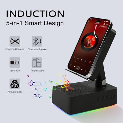 Wireless Induction Bluetooth Speaker, 5-in-1 Foldable Phone Holder, 1500mAh Emergency Charging, Colorful LED Ambient Light, Tech Gadgets Gifts for Men Women, for iPhone Android Tablet, Black - color: Black
