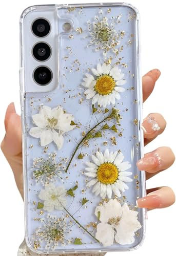 LSEEKA for Samsung Galaxy S22 Clear Case with Pressed Real Dried White Flower Design,Transparent Glitter Cute Floral Slim Soft TPU Protective Phone Cover for Samsung Galaxy S22 - color: White Gold, size: for Samsung Galaxy S22