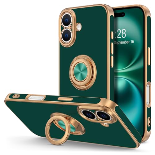 Hython for iPhone 16 Case with Ring Stand, 360° Rotatable Ring Holder Magnetic Kickstand, Plating Rose Gold Edge Soft Cover Protective Phone Case for iPhone 16 6.1", Midnight Green - color: Midnight Green, size: Iphone 16 - 6.1 Inch