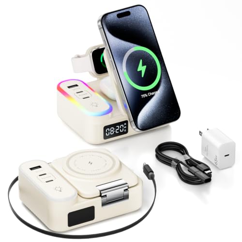 8-in-1 Foldable Wireless Charging Station for Apple Devices with Clock, 65W - color: Beige